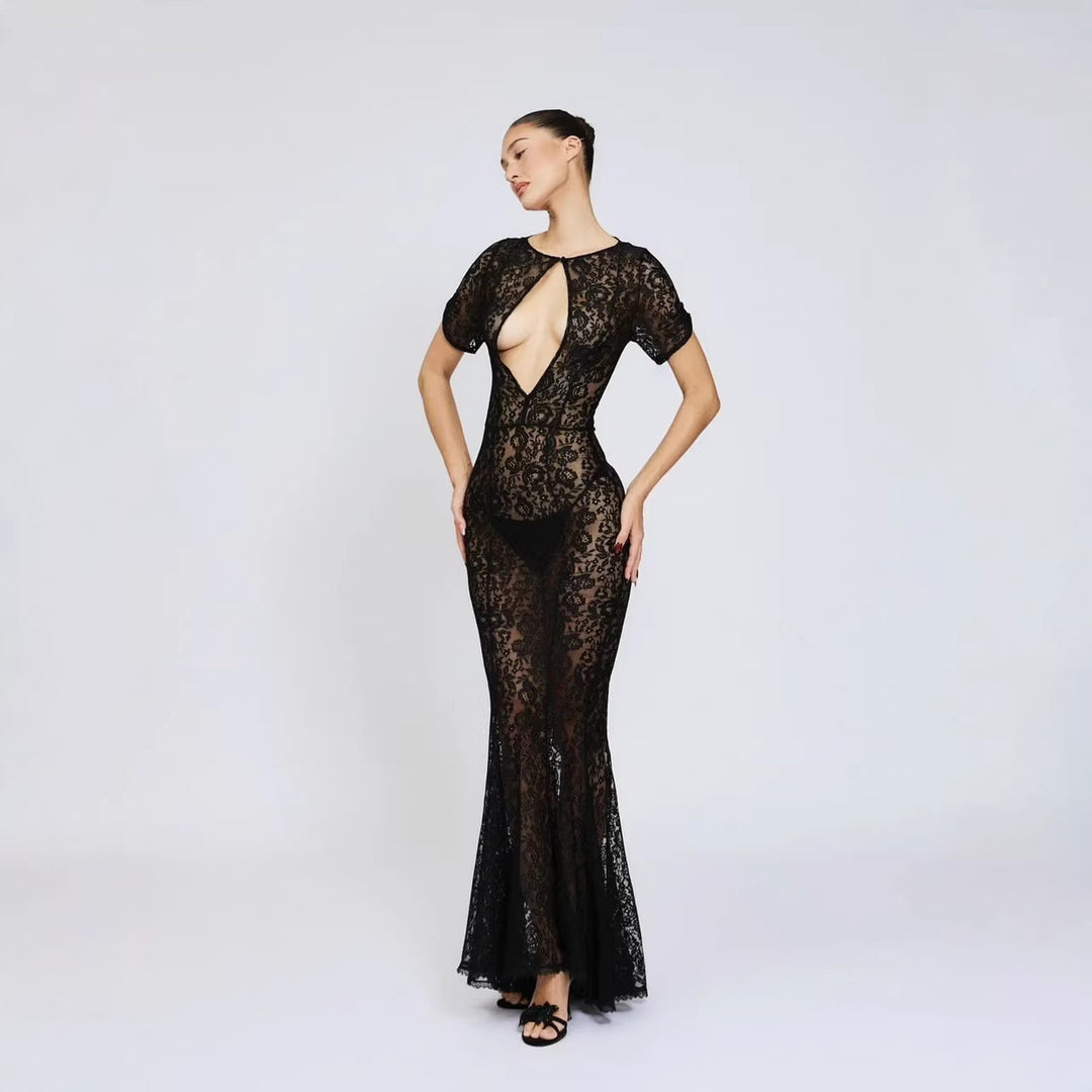 Damen Spitzenkleid mit tiefem Ausschnitt und ausgestelltem Schnitt R&B