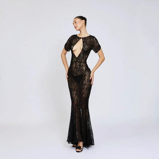 Damen Spitzenkleid mit tiefem Ausschnitt und ausgestelltem Schnitt R&B