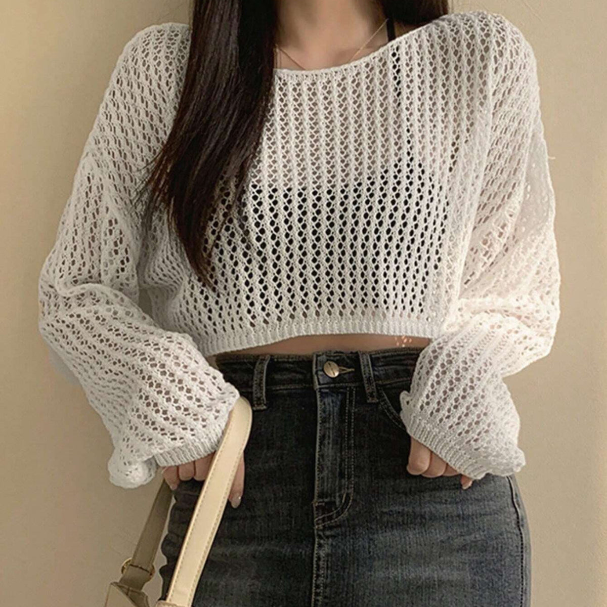 Damen luftiges cropped Strickoberteil im modernen Netzdesign R&B
