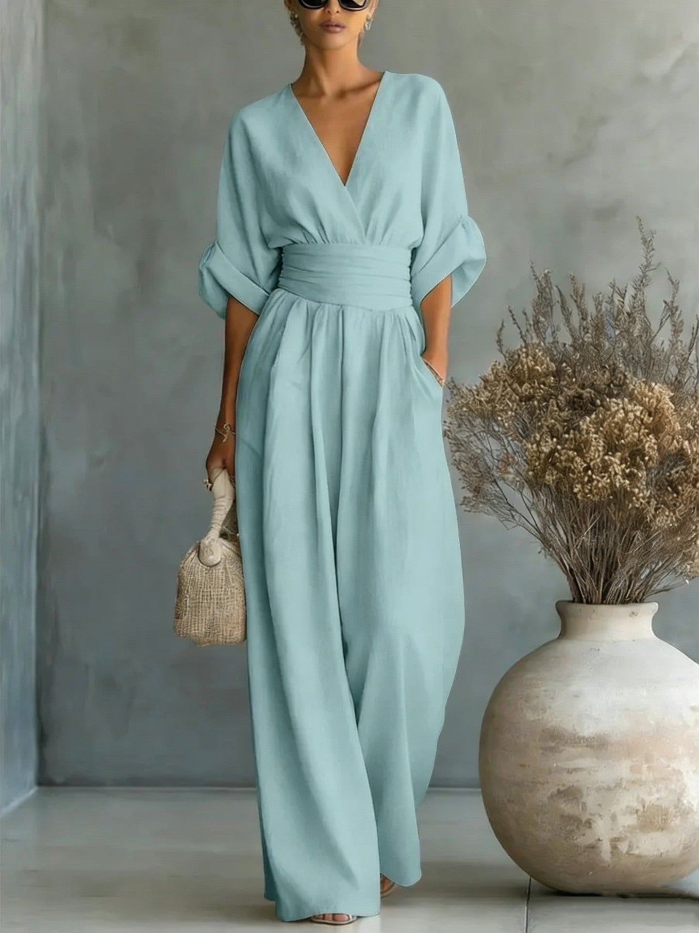 Damen Maxikleid mit V-Ausschnitt und Puffärmeln