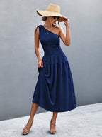 Damen Midikleid mit schnörkellosem Ein-Schulter-Design und elastischem Taillenband R&B