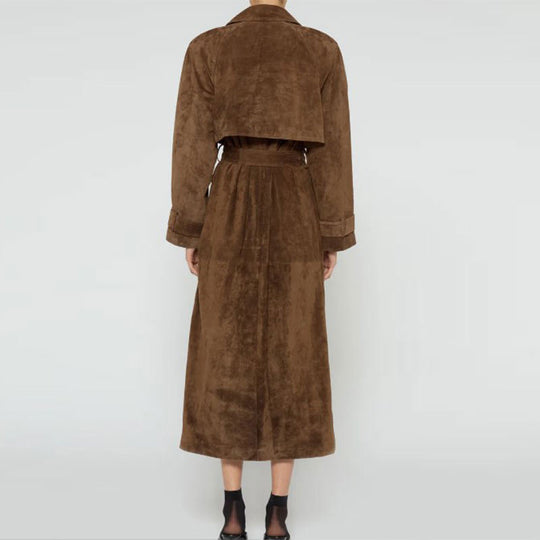 Damen Eleganter Wildleder-Trenchcoat mit tailliertem Schnitt und abnehmbaren Gürtel R&B