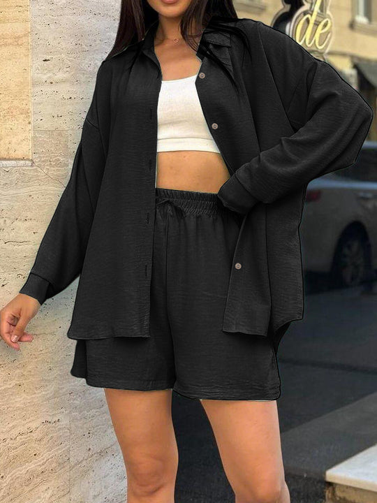 Damen lässiges Kurzarm-Set mit geknöpfter Bluse und bequemen Shorts R&B