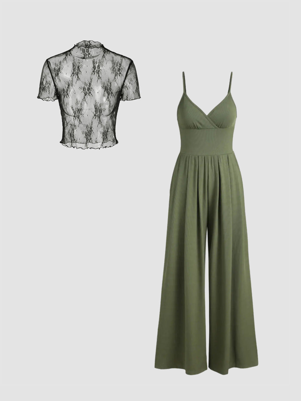 Damen elegantes V-Ausschnitt Jumpsuit mit transparenter Bluse R&B