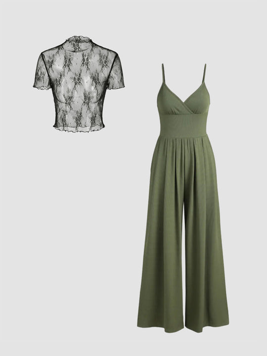 Damen elegantes V-Ausschnitt Jumpsuit mit transparenter Bluse R&B