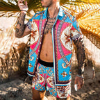 Herren nan barockgemustertes Kurzarm-Hemd mit passender locker geschnittener Shorts R&B