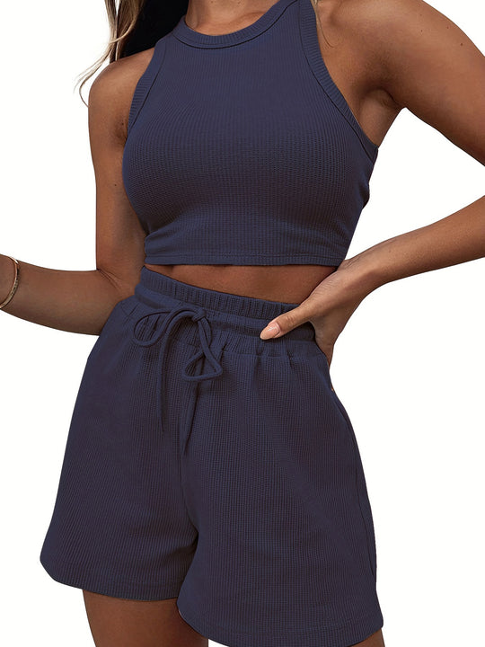 Damen sportliches Zweiteiliges Kurz-Outfit mit Rippstruktur R&B