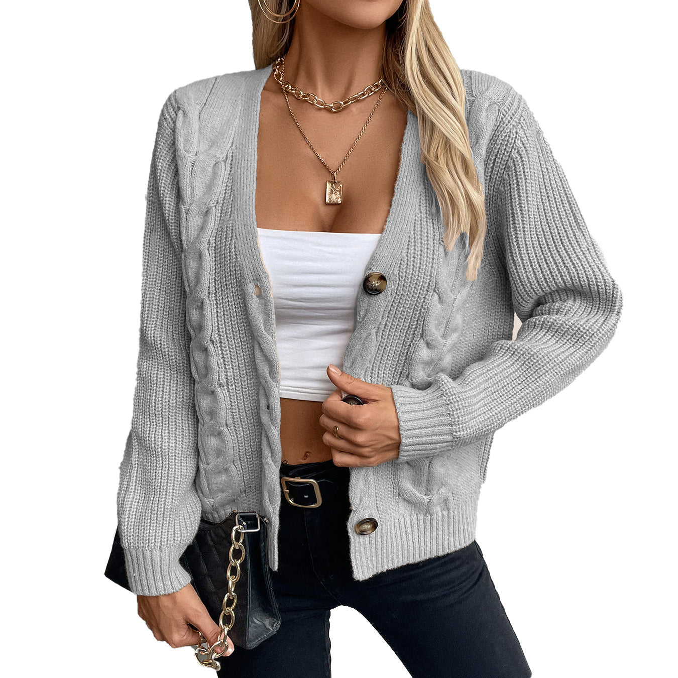 Damen Strickjacke mit Zopfmuster und Knopfdetails