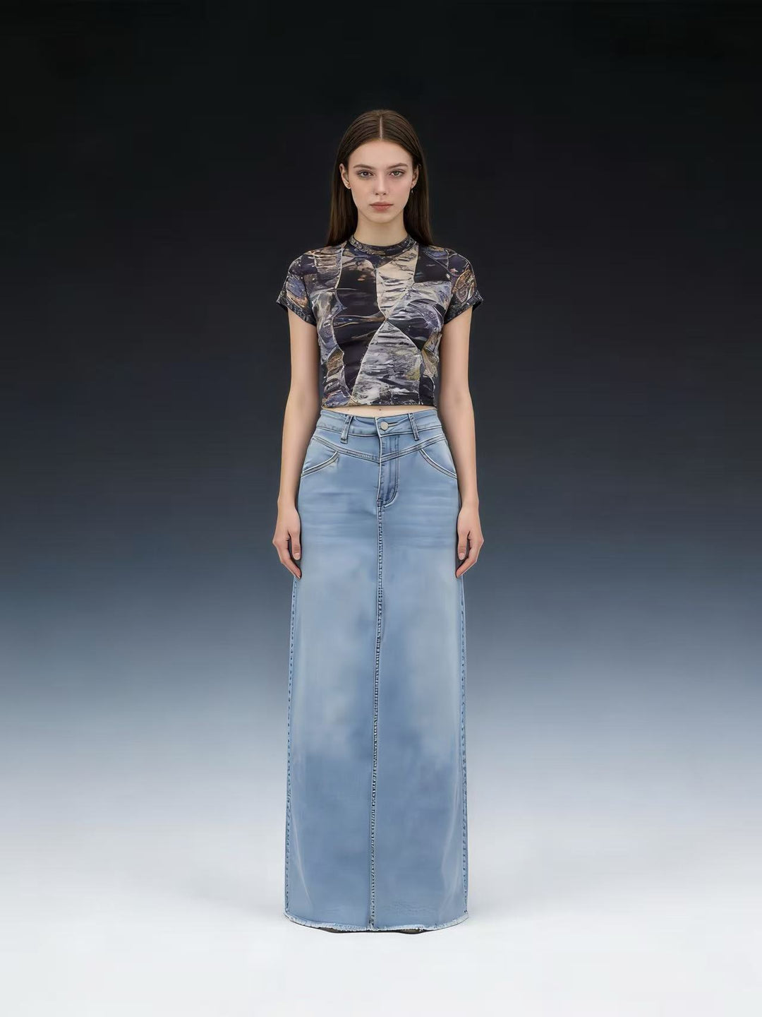 Damen Maxi-Denim-Rock mit hohem Bund und fransigem Saum