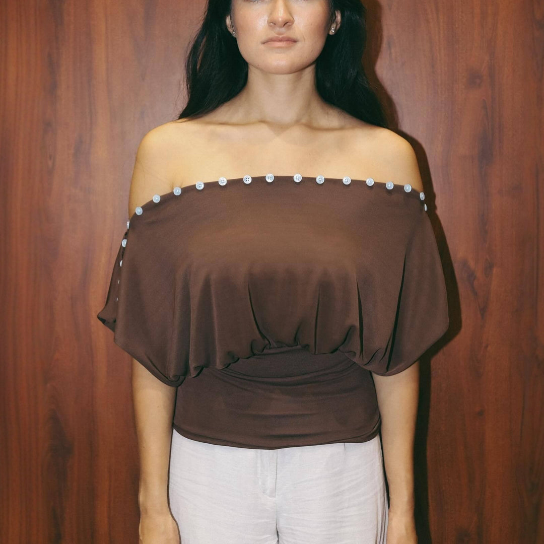 Damen Off-Shoulder Oberteil mit eleganter Knopfverzierung R&B