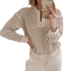 Damen lockerer Strickpullover mit Reißverschluss und luftiger Maschenstruktur