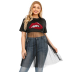 Damen modisches Crop-Top mit transparentem Überwurf und Glitzerbesatz R&B