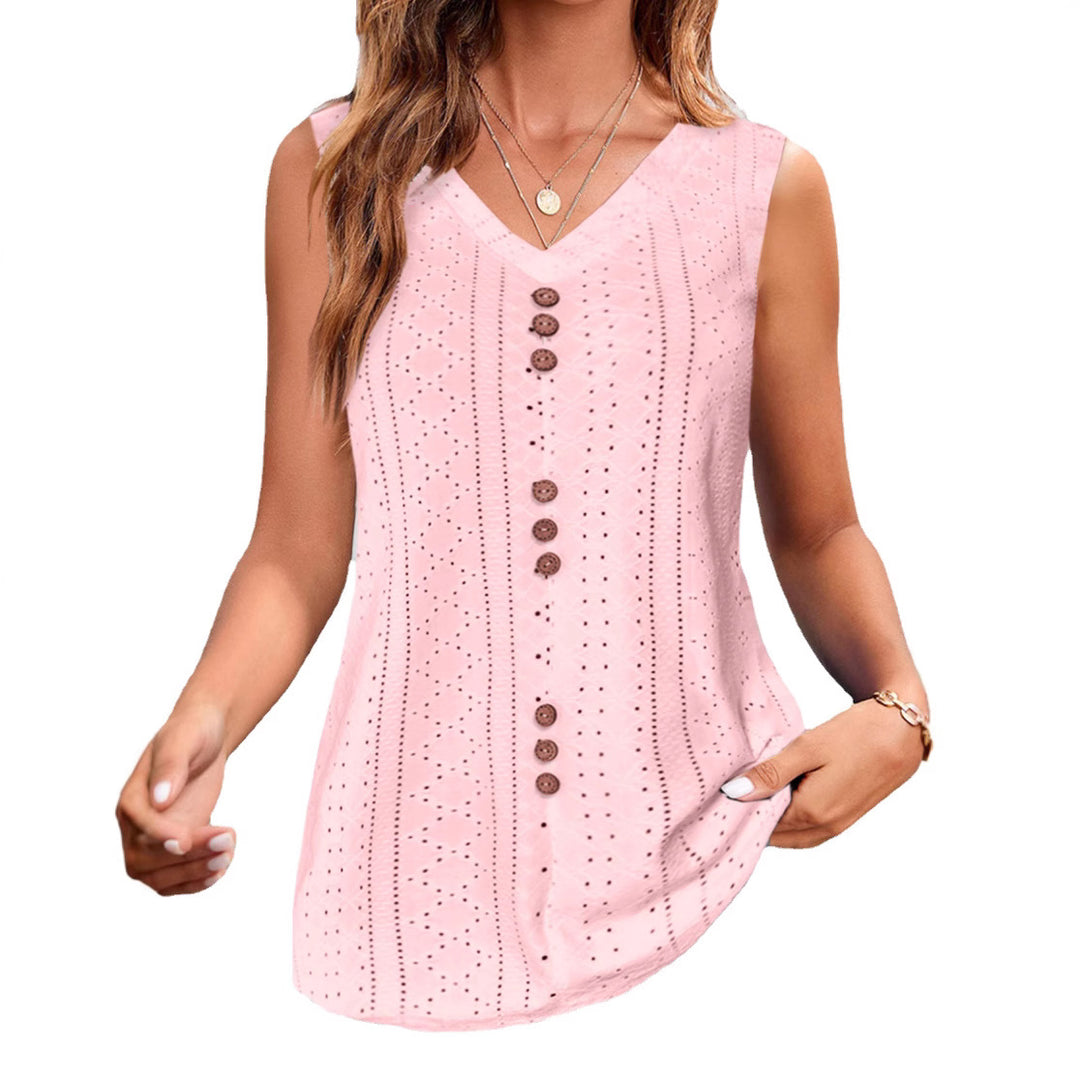 Damen V-Ausschnitt Blusentop mit Knopfleiste und filigranem Lochmuster Heidi-Mode