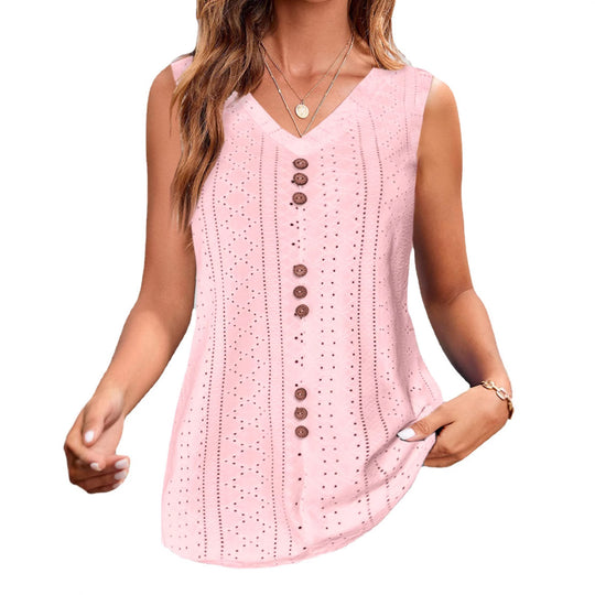 Damen nan ärmelloses Broderie-Anglaise-Top mit V-Ausschnitt und dekorativer Zierknopfleiste R&B