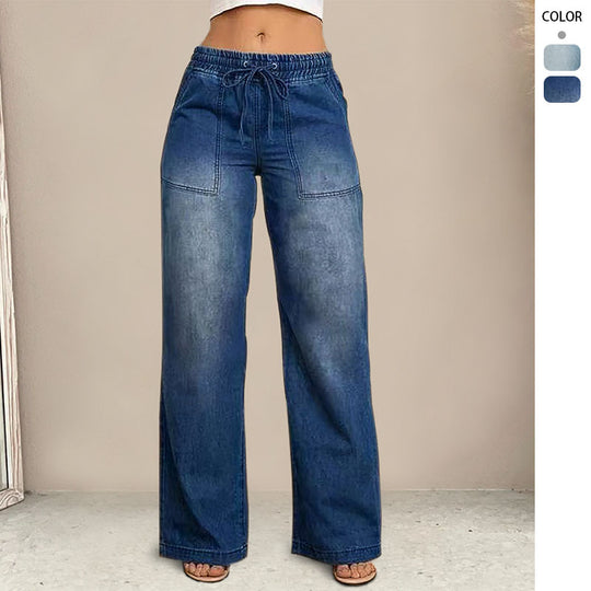 Damen Weit geschnittene Jeanshose mit elastischem Bund und modischem Used-Look R&B