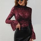 Damen nan transparente Spitzenbluse mit Stehkragen und Trompetenärmeln R&B