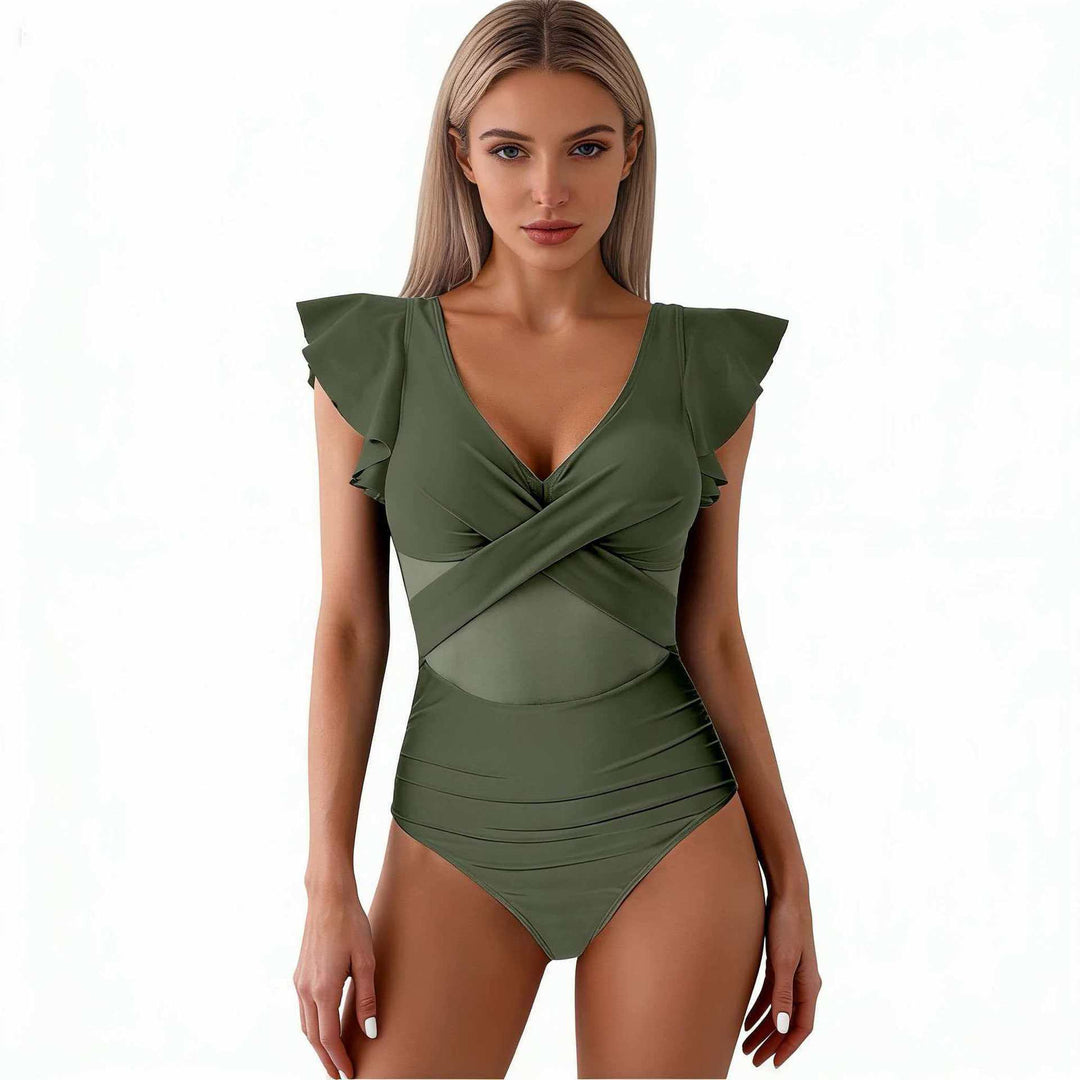 Damen Eleganter Badeanzug mit raffinierten Rüschendetails und transparenter Einsätzen R&B