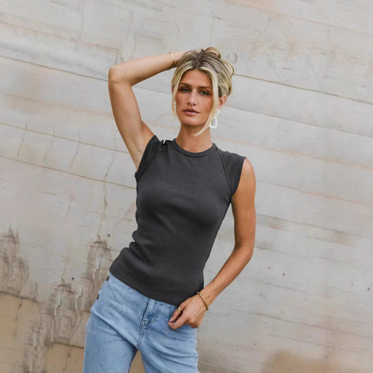 Damen figurbetontes ärmelloses Oberteil mit Rippenstruktur und stylischem Schnitt R&B