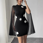 Damen Kleid mit transparenten Ärmeln und floralen Applikationen R&B