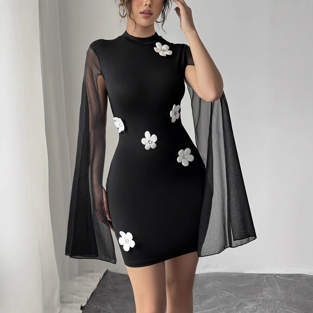 Damen Kleid mit transparenten Ärmeln und floralen Applikationen R&B