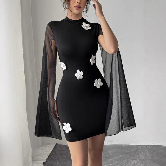 Damen Kleid mit transparenten Ärmeln und floralen Applikationen R&B