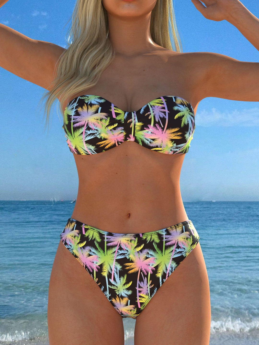 Damen Bandeau-Bikini mit farbenfrohem Palmenmuster und hohem Taillenschnitt R&B
