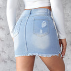 Damen Denim-Minirock mit ausgefranstem Saum und modischen Rissdetails R&B