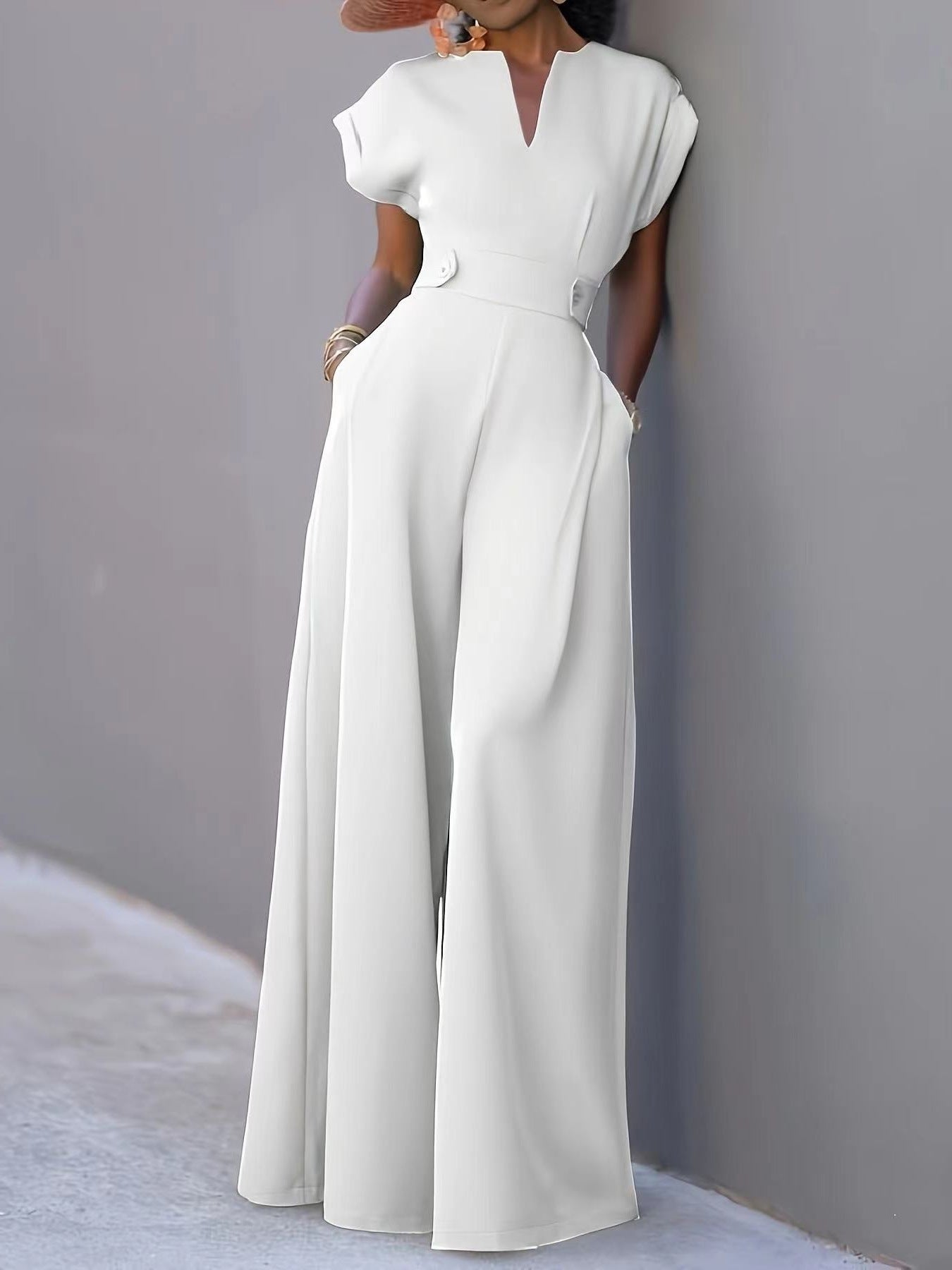 Damen eleganter Jumpsuit mit weitem Bein und praktischen Taschen R&B