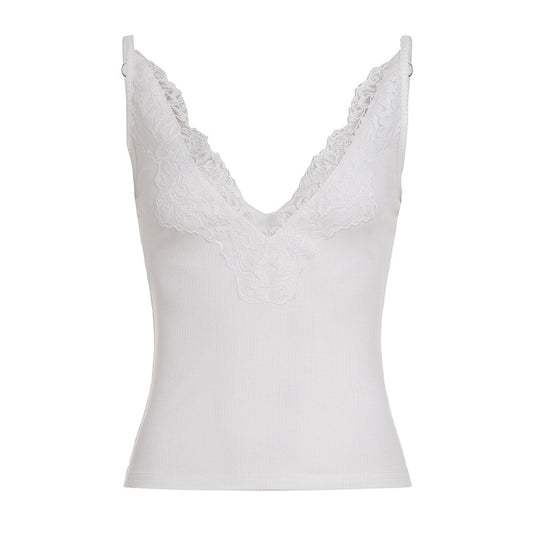 Damen Elegantes Top mit Spitzenverzierung und tiefem V-Ausschnitt R&B
