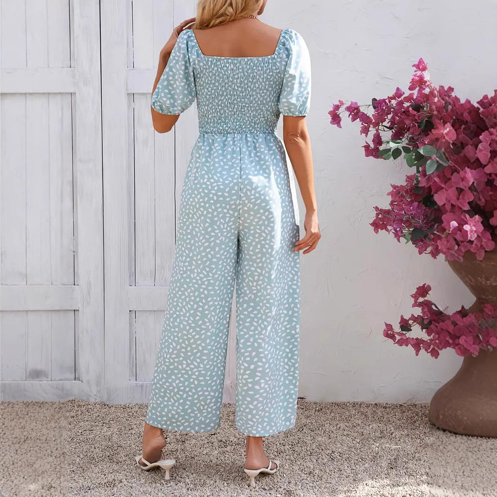 Damen Blumenmuster Jumpsuit mit Puffärmeln und Seitentaschen R&B