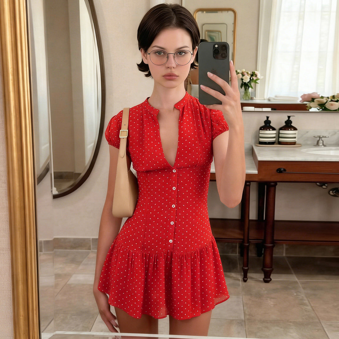 Damen Kurzarm-Kleid mit fröhlichem Punkten-Design und elegantem V-Ausschnitt R&B
