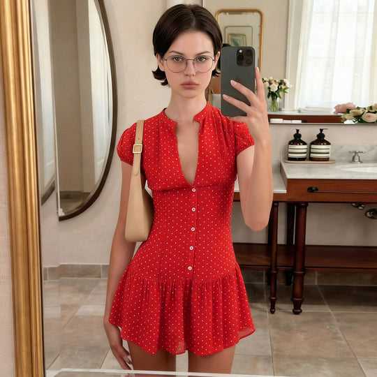Damen Kurzarm-Kleid mit fröhlichem Punkten-Design und elegantem V-Ausschnitt R&B