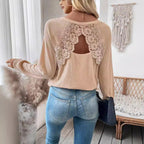 Damen nan Rippenstrick-Langarmshirt mit floraler Spitzenapplikation und markantem Rückenausschnitt R&B