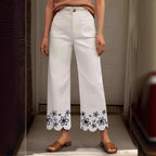 Damen Weite Culotte-Jeans mit gesticktem Blumenmuster R&B