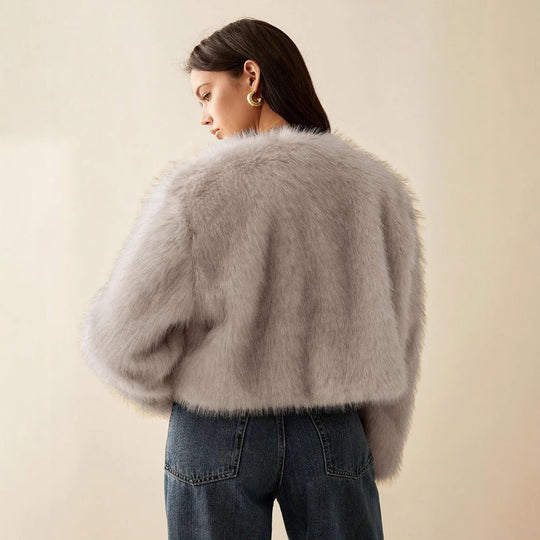 Damen extravagante Kurzarm-Felljacke mit voluminösen Ärmeln R&B