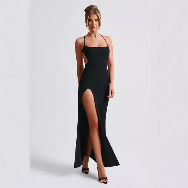 Damen Elegantes Maxikleid mit seitlichem Schlitz und dünnen Trägern EB