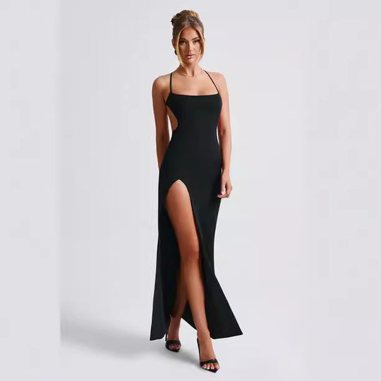Damen Elegantes Maxikleid mit seitlichem Schlitz und dünnen Trägern R&B