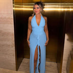 Damen Haltermaxikleid mit gerafftem Design und verspielten Rüschen R&B