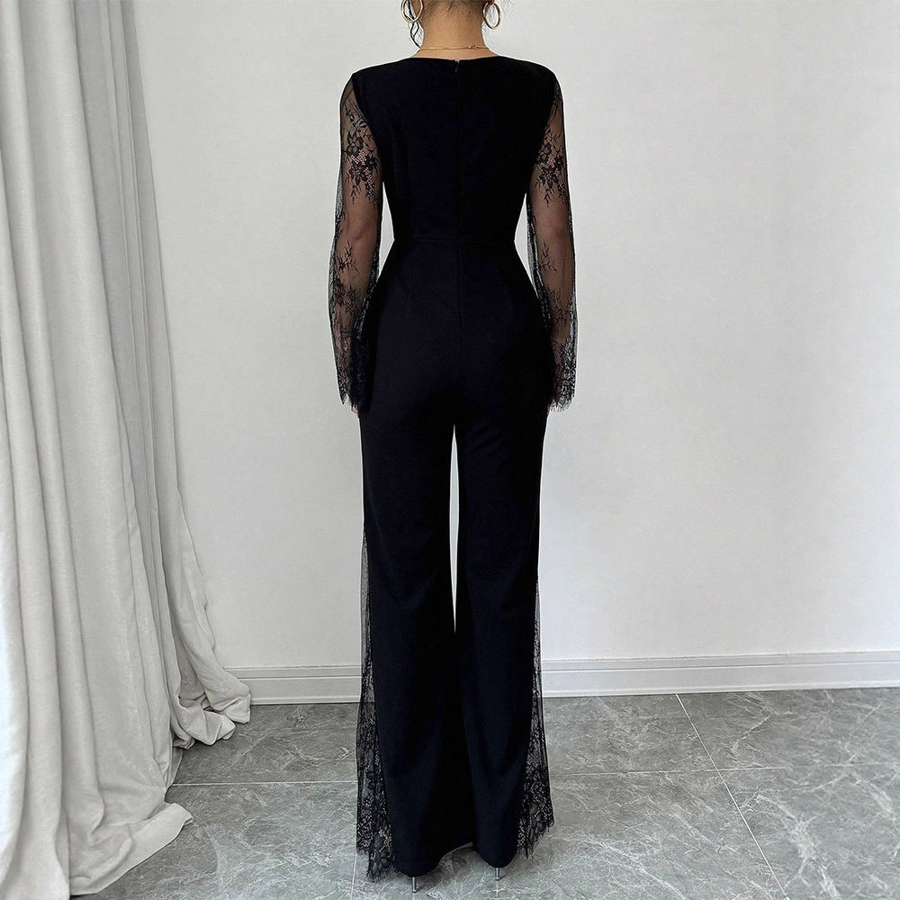 Damen Eleganter Jumpsuit mit schimmernder Spitze und weitem Bein R&B