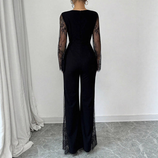 Damen Eleganter Jumpsuit mit schimmernder Spitze und weitem Bein R&B