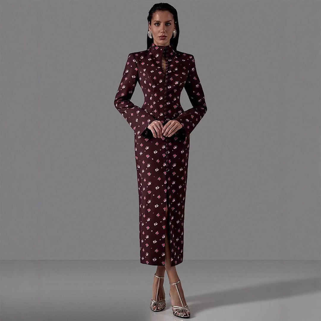Damen Elegantes Langarmkleid mit floralem Muster und hochgeschlossenem Kragen R&B