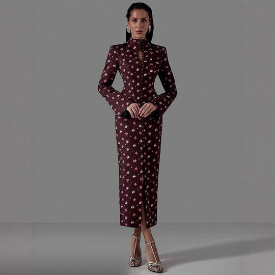 Damen Elegantes Langarmkleid mit floralem Muster und hochgeschlossenem Kragen R&B