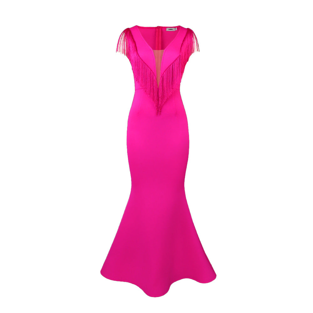 Damen Figurbetontes Abendkleid mit Fransen und tiefem Ausschnitt R&B