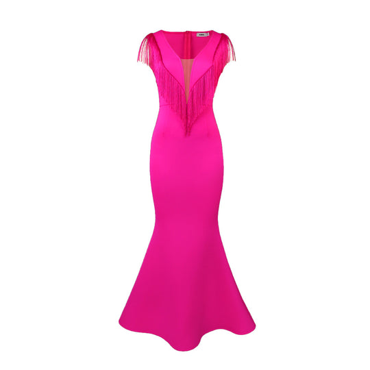 Damen Figurbetontes Abendkleid mit Fransen und tiefem Ausschnitt R&B