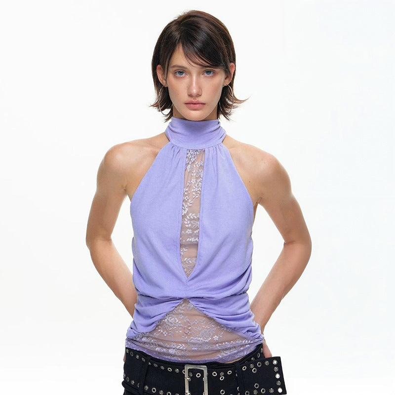 Damen elegantes Neckholder-Top mit transparenten Einsätzen und Raffung R&B