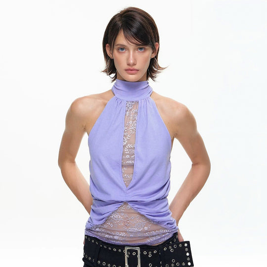 Damen elegantes Neckholder-Top mit transparenten Einsätzen und Raffung R&B
