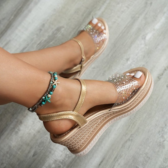 Damen Glamouröse Plateau-Sandalen mit transparenten Riemen und Strass-Applikationen R&B