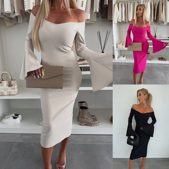 Damen Off-Shoulder Midi Kleid mit weit ausgestellten Ärmeln R&B