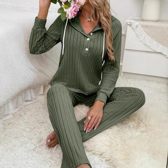 Damen Gemütlicher Strickanzug mit Kapuze und Knopfleiste R&B
