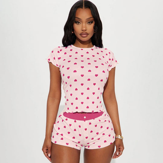 Damen Pyjama Set mit herzförmigem Muster und elastischem Bund R&B